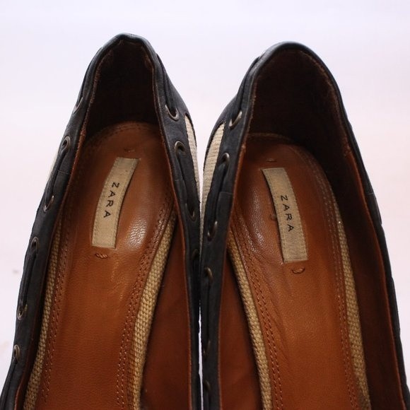 ZARA Peep Toe Canvas Pumps Heels Navy Cream Nautical Style Vintage Sz 37 US 6.5 - Picture 13 of 14